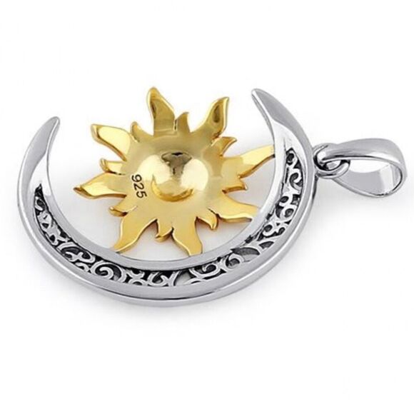 Sterling Silver Two-tone Bohemian Sun and Moon Necklace Pendant New - Picture 5 of 5